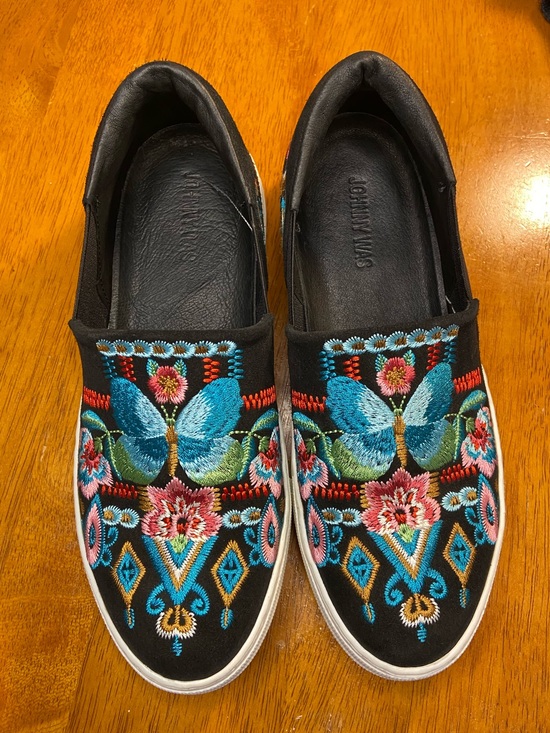 Johnny Was Shoes - Johnny Was Black Slip-On Sneakers with Turquoise Butterfly Embroidery